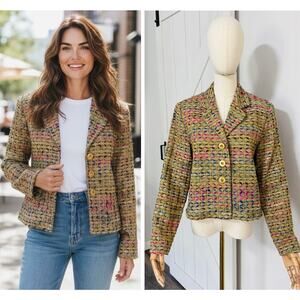 ANN MAY Women Size 4 100% SILK Woven Beige Multicolor Blazer Jacket Gold Buttons